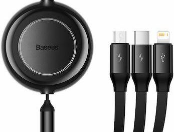 BASEUS BRIGHT MIRROR 2 SERIES, 3 ΣΕ 1, RETRACTABLE, TYPE-C + MICRO USB + LIGHTNING, 3.5A,  1.1M, ΜΑΥΡΟ